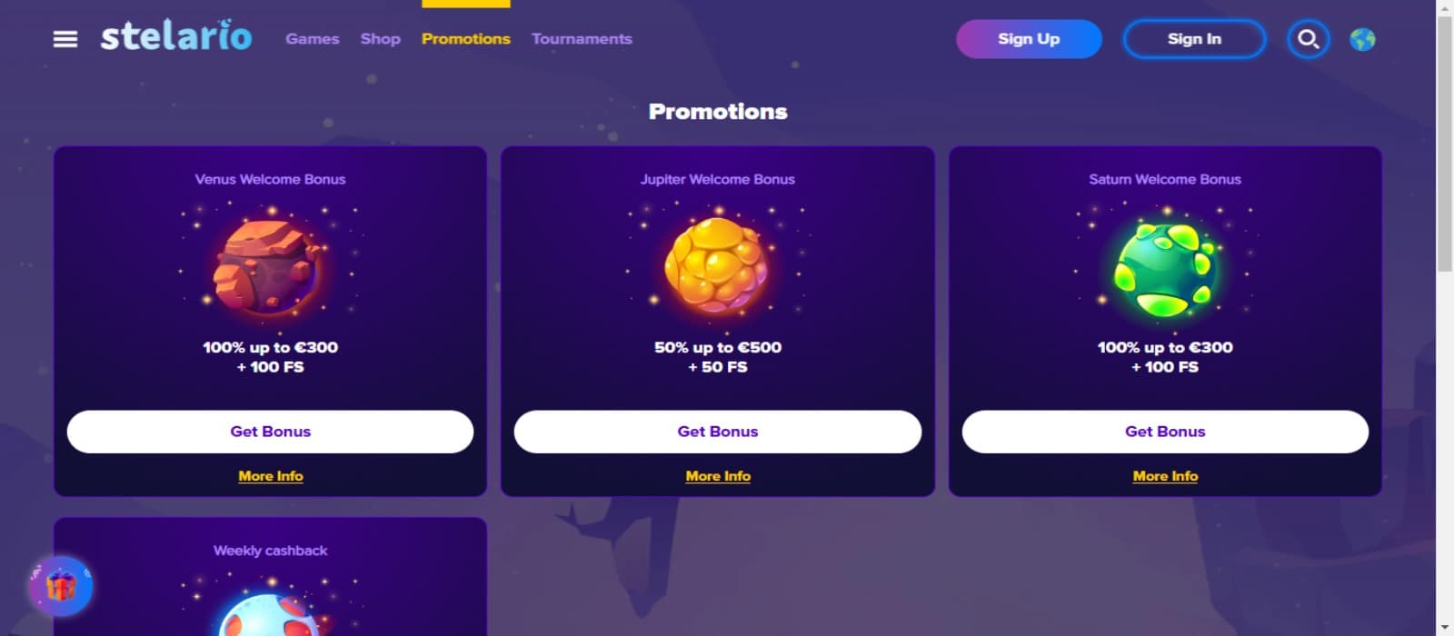 Stelario casinno promotions page showing the coloful blue banners of various welcome bonuses and weekly cashback promotions