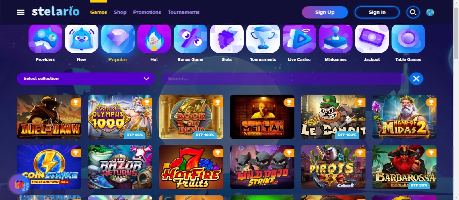 Stelario casino games page with the colorful icons of slot games and top navigational menus for game categories