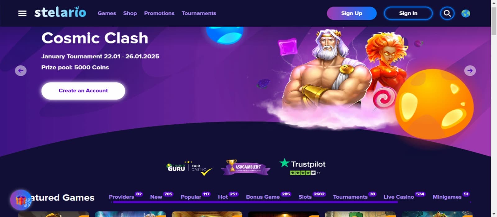 Stelario casino landing page showing the colorful animated banner of cosmic clash game and top navigational menus