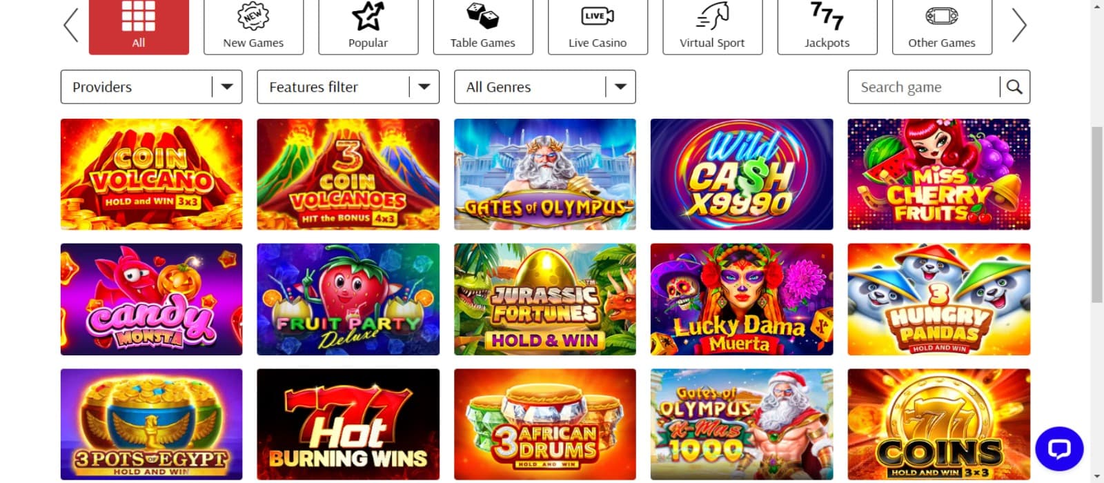 SuperCat Casino games page with the colorful icons of various slot games and top filtering options for game categories.