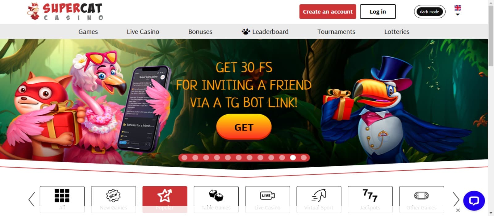 SuperCat Casino landing page showing the refer a friend Free Spins banner, casino logo of mascot cat, and top navigational menus.