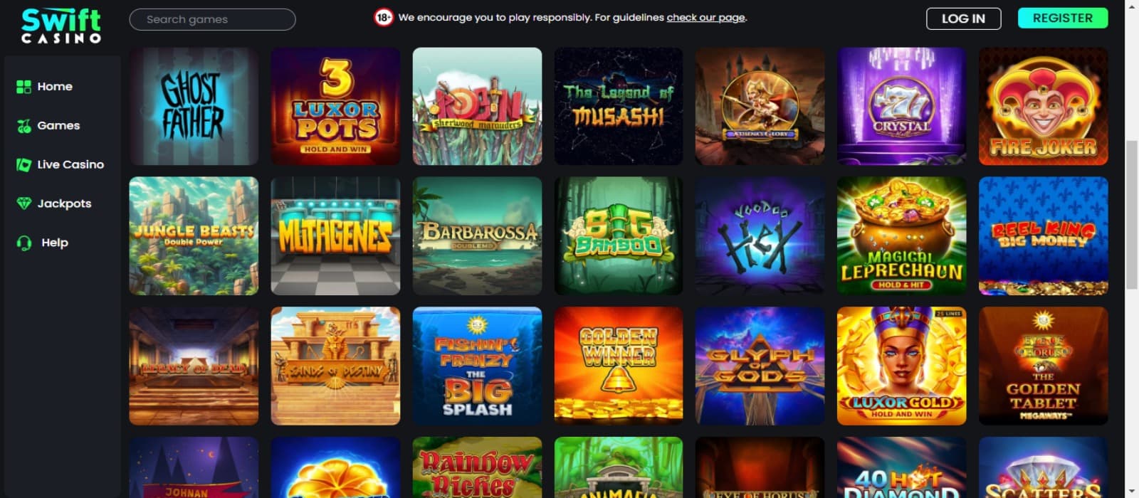 Swift Casino games page with the various slot game banners and side navigational menus