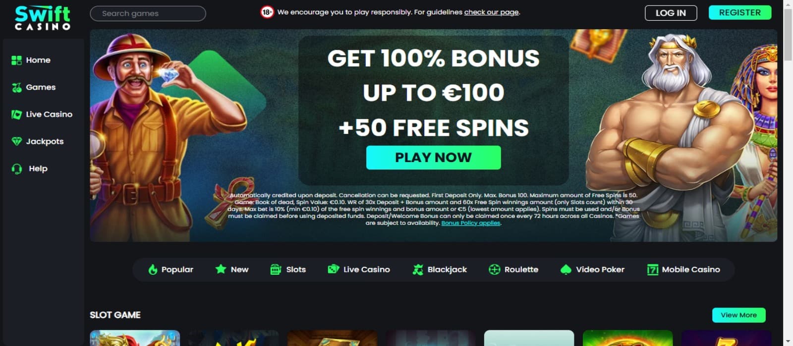 Swift Casino landing page with the welcome bonus offer banner and various images from slot games