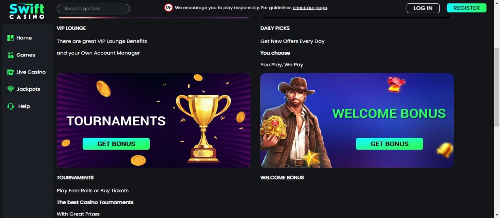 Swift Casino promotions page with the various bonus offer banners and other navigational menus