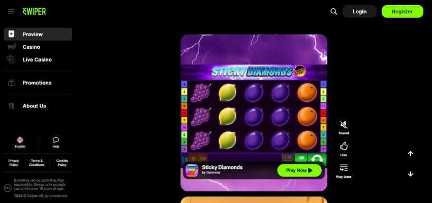 Swiper Casino's preview page, offering a trial of Sticky Diamonds slot games.