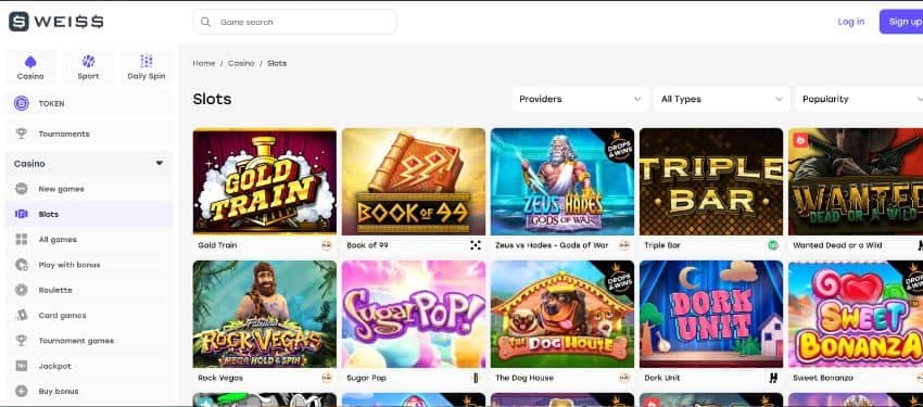 Weiss casino slot games section showing thumbnails of some games and the sidebar menu for easy navigation 