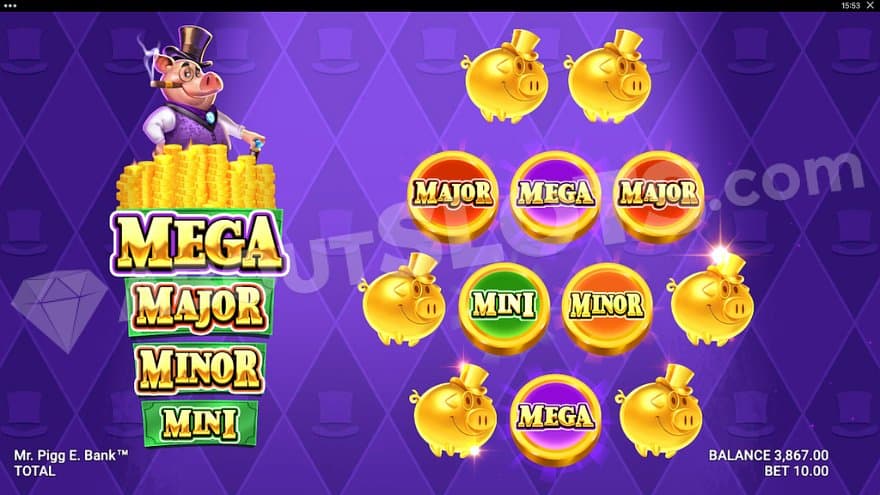 A screen of 12 symbols of golden piggy banks and Mini, Minor, Mega, and Major prizes.