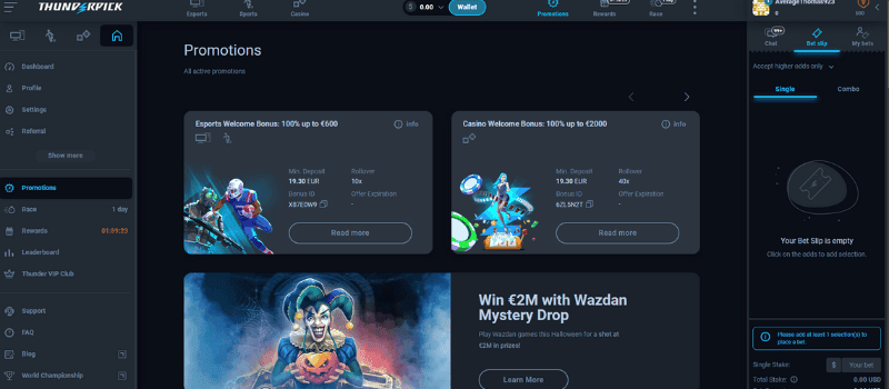 Thunderpick Casino's bonuses section, showing the active promotions such as an Esports Welcome Bonus and a Casino Welcome Bonus.