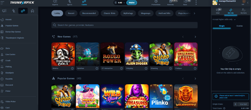 Thunderpick Casino's games section showing categories like New Games, Popular Games, Halloween-themed games, and more.