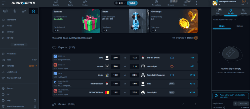 Thunderpick Casino homepage showing current bonuses, races, and giveaways.