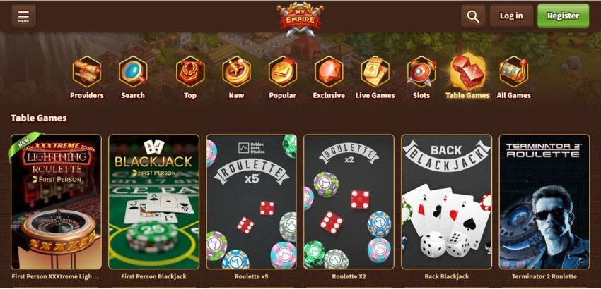 table game page of My Empire casino