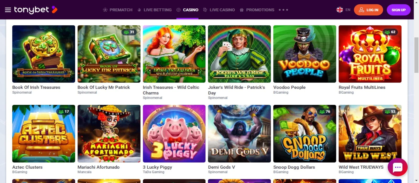 TonyBet Casino games page with the colorful icons of various slot games and login option with top navigational menus