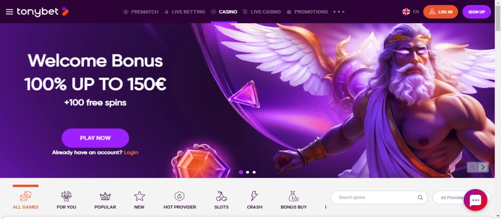 TonyBet Casino landing page showing the welcome bonus offer and Gates of Olympus slot game image with a purple background