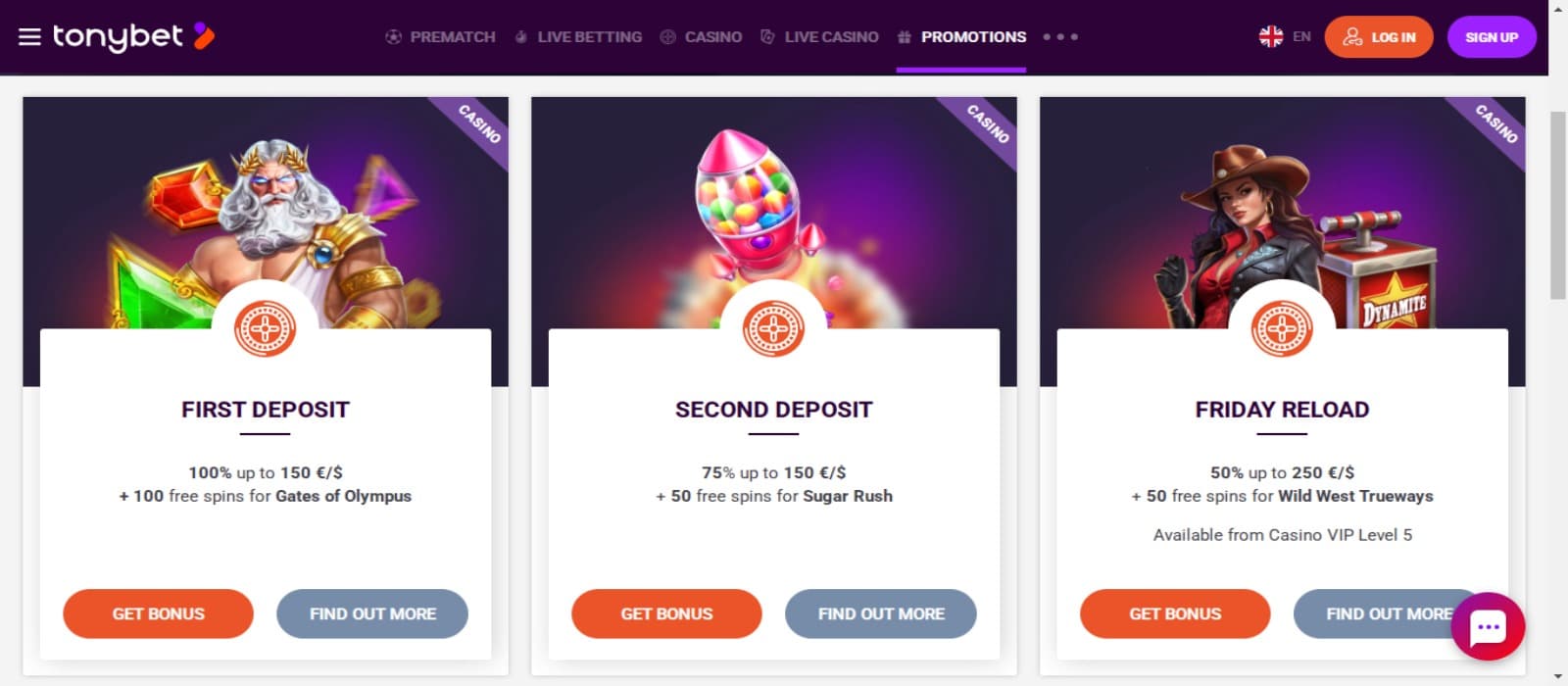 TonyBet Casino promotions page with the welcome bonus offers on first two deposits and Friday Reload bonus offer banner