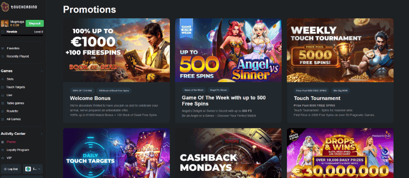 TouchCasino's promotions page showcases various casino bonuses and offers.