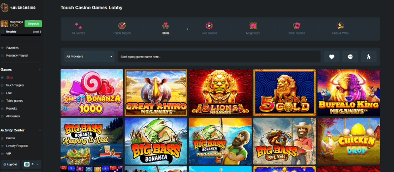 TouchCasino's game lobby features various game categories: Touch Targets, Slots, Live Casino, Megaways, Table Games, Drop & Wins, and more.