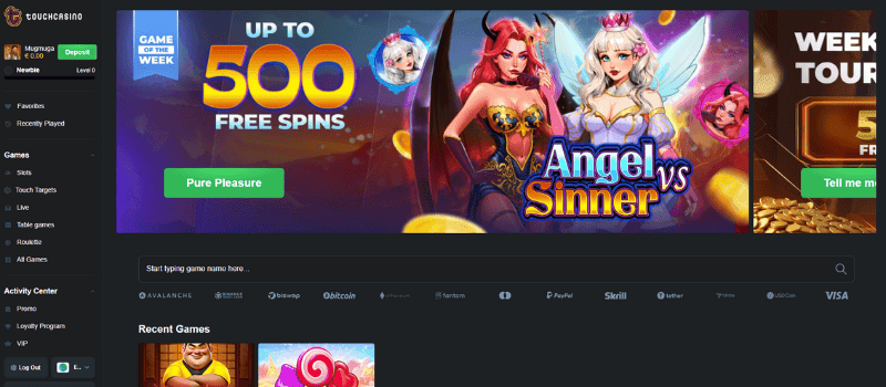 TouchCasino's homepage displays a banner advertising a welcome bonus of 100% up to €1000 + 100 free spins on Book of Dead.