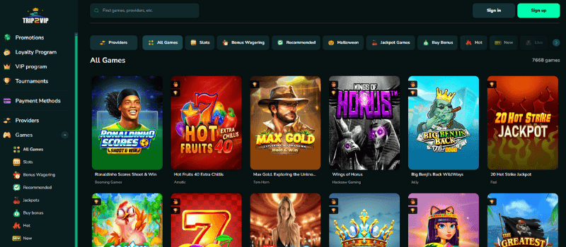 Trip2Vip Casino's games section showcases a search bar and game categories such as slots, jackpot games, live casino games, and more.