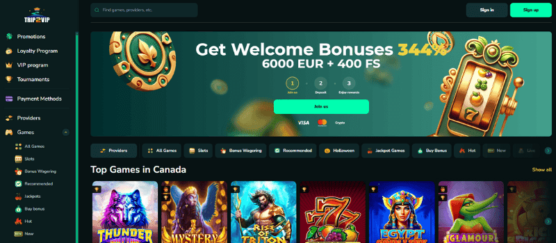 Trip2Vip Casino's homepage banner features a vibrant gaming scene, the current welcome bonus, and casino games.