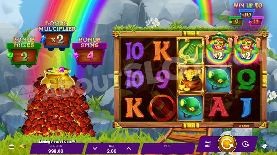 A casino slot in front of a rainbow with a pile of dynamites to the left.