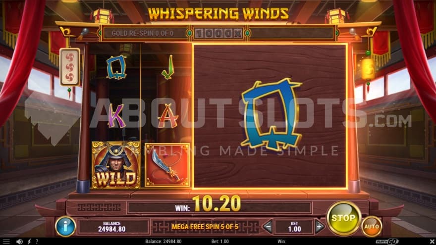 Free Spins bonus game with a 3X3 Mega Q symbol on the last three reels.