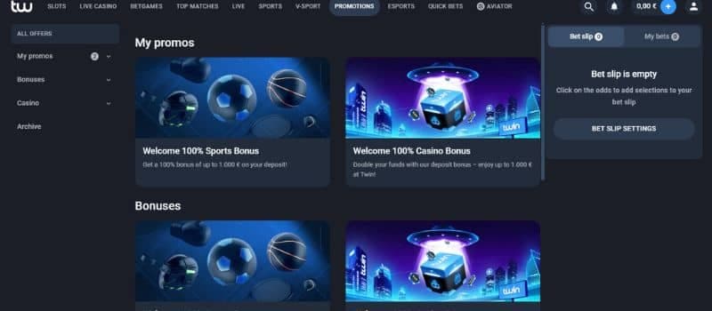 TwinSE casino's promotions page displays the lucrative bonuses for sportsbooks and online casinos.