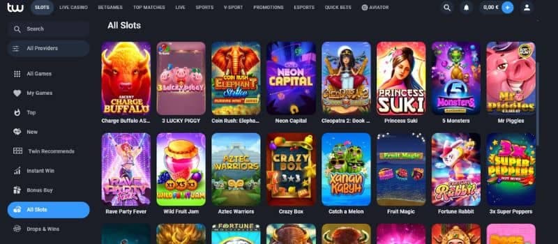 The games page of TwinSE casino showcases slots, new games, bonus buy games, and more.