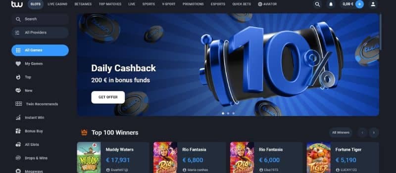 The homepage of the TwinSE Casino promotes the daily cashback of €200 in bonus funds.