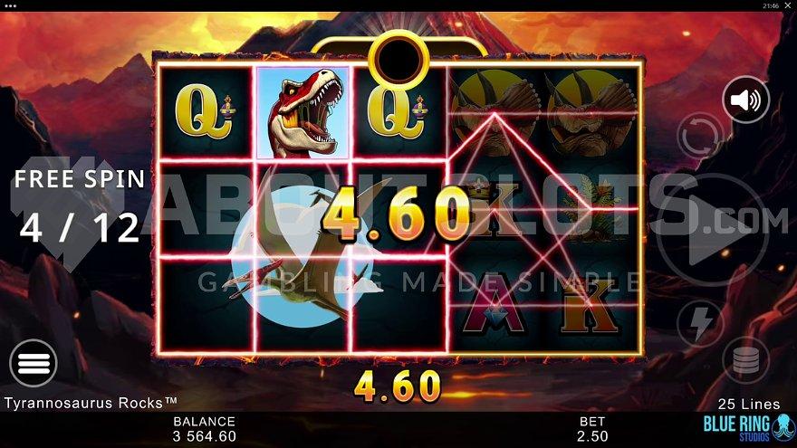 A win with a 3x2 dinosaur symbol in the Free Spins.