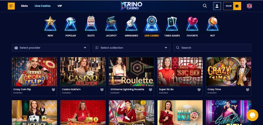 Trino Casino's live dealer section, showing variations of roulette and blackjack.