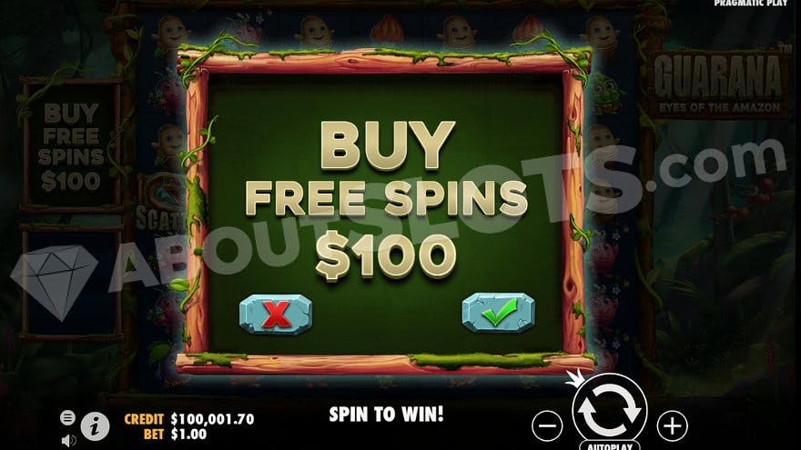 A menu offering the player to buy the free spins feature for 100X the bet.