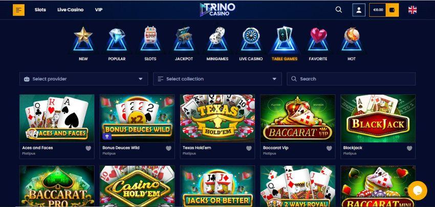 Trino Casino's table games section, showing variations of blackjack and baccarat.