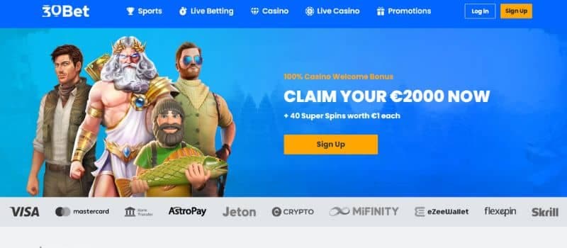 30Bet casino login and sign in page featuring a vibrant blue design with one image of four game characters to the left. It also has a welcome offer on the right, and on top of the page there is different categories.