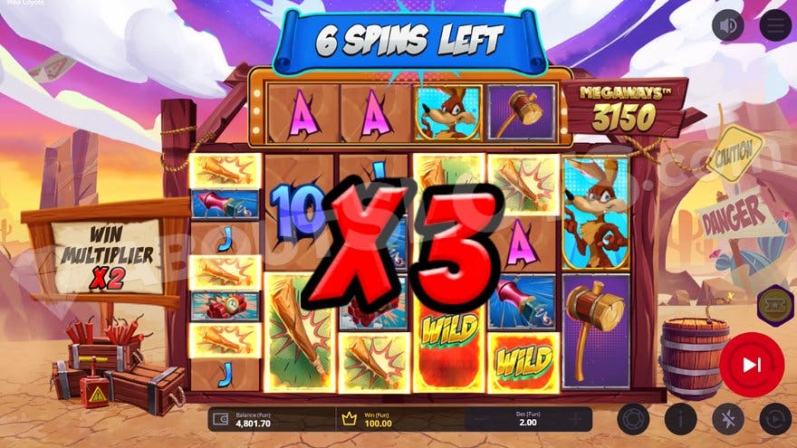 A X3 multiplier is awarded on the second win in the free spins.