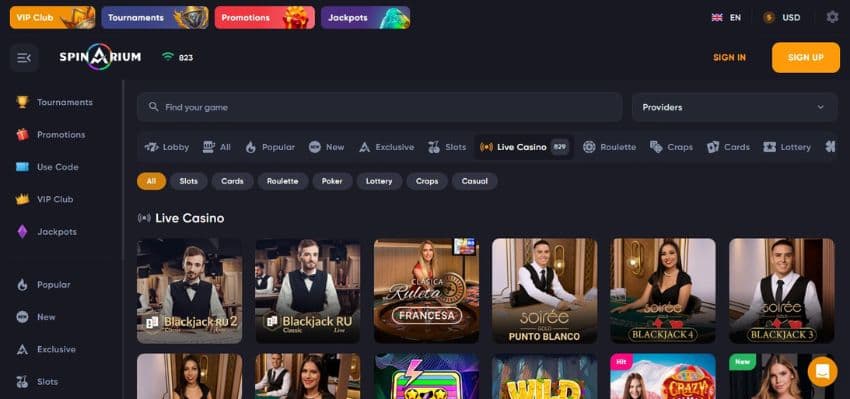 Spinarium Casino's live games section, showing variations of blackjack.