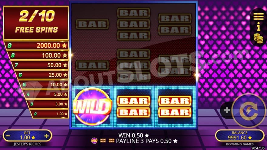 Free Spins bonus game with a wild symbol on the first reel.