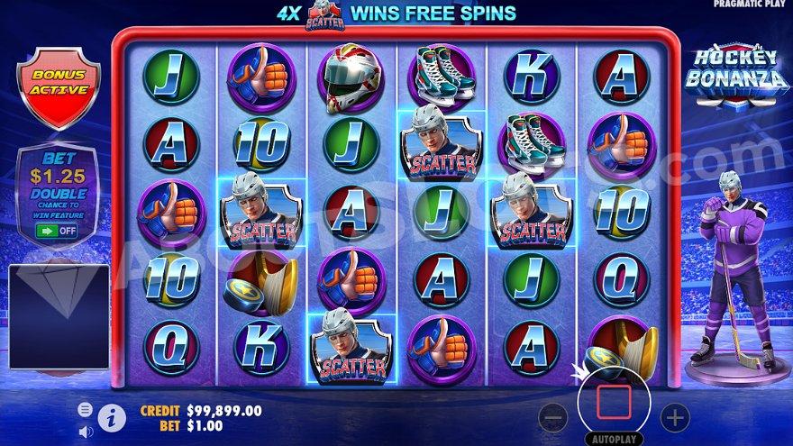 Four hockey player Scatter Symbols on the grid trigger the Free Spins.