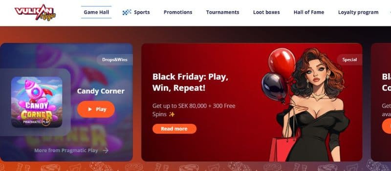 VulkanVegas Casino’s homepage displays the bonuses offered by the casino, such as the Black Friday promotion.