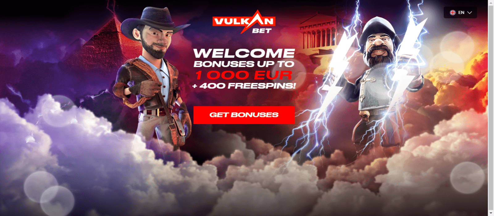 Vulkan.bet casino landing page illustrating a colorful animated banner of the welcome bonus package and casino logo in red 