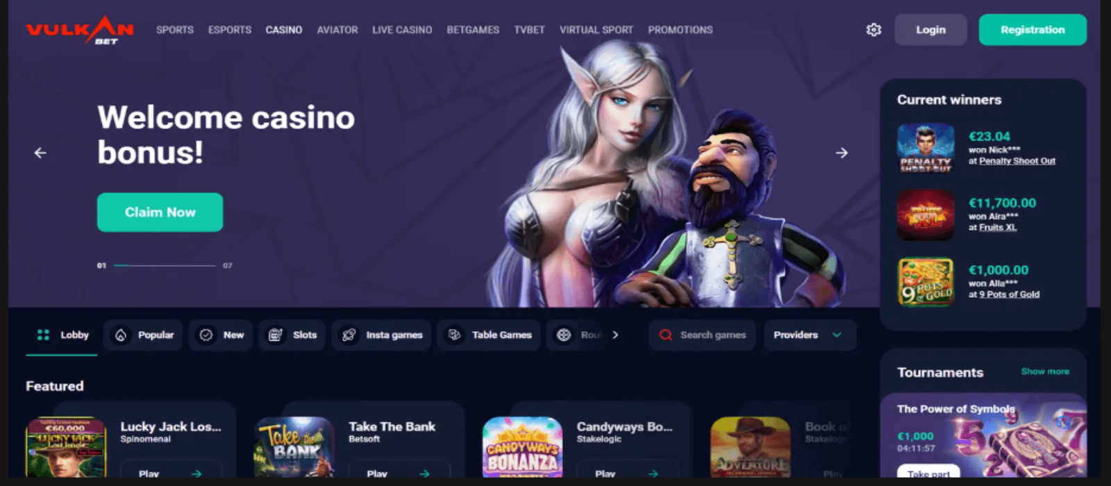 Vulkan.bet casino promotions page showing a colorful large banner of the welcome bonus with animated cartoon figures and smaller promotional offer icons below with some featured games at the right hand side