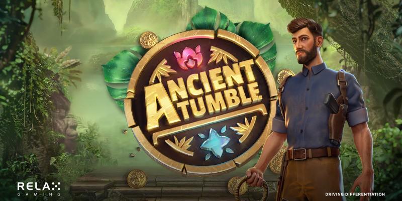 Banner of the slot Ancient Tumble with a jungle in the background.