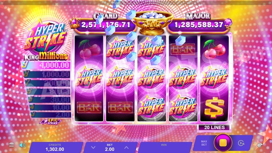 Nine Hyper Strike Symbols on the screen awards 2,000X the bet.