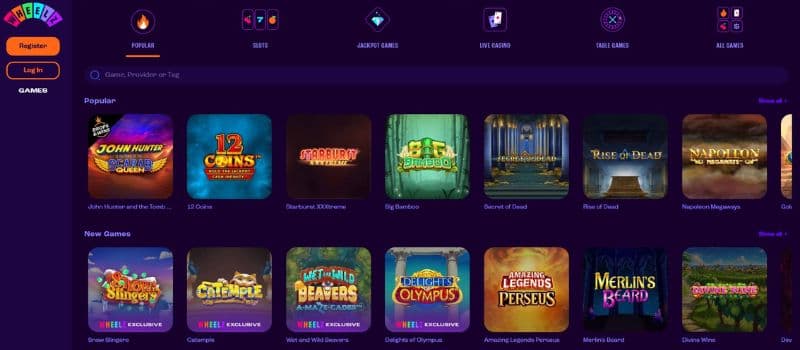 A selection of colourful slots from Wheelz Casino, such as Merlin's Bear and Amazing Legends Perseus.