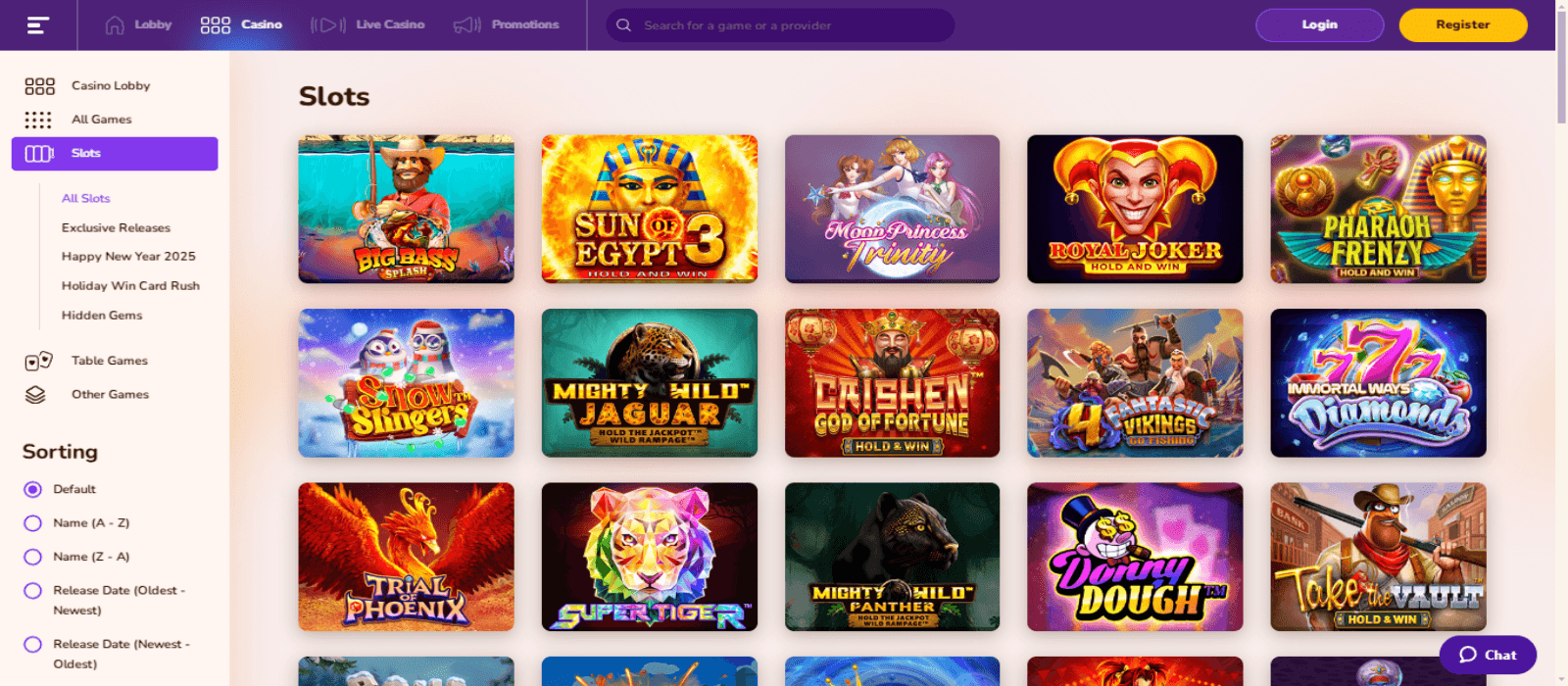 Wild Sultan casino games page with the various colorful slot game icons and side navigational panel