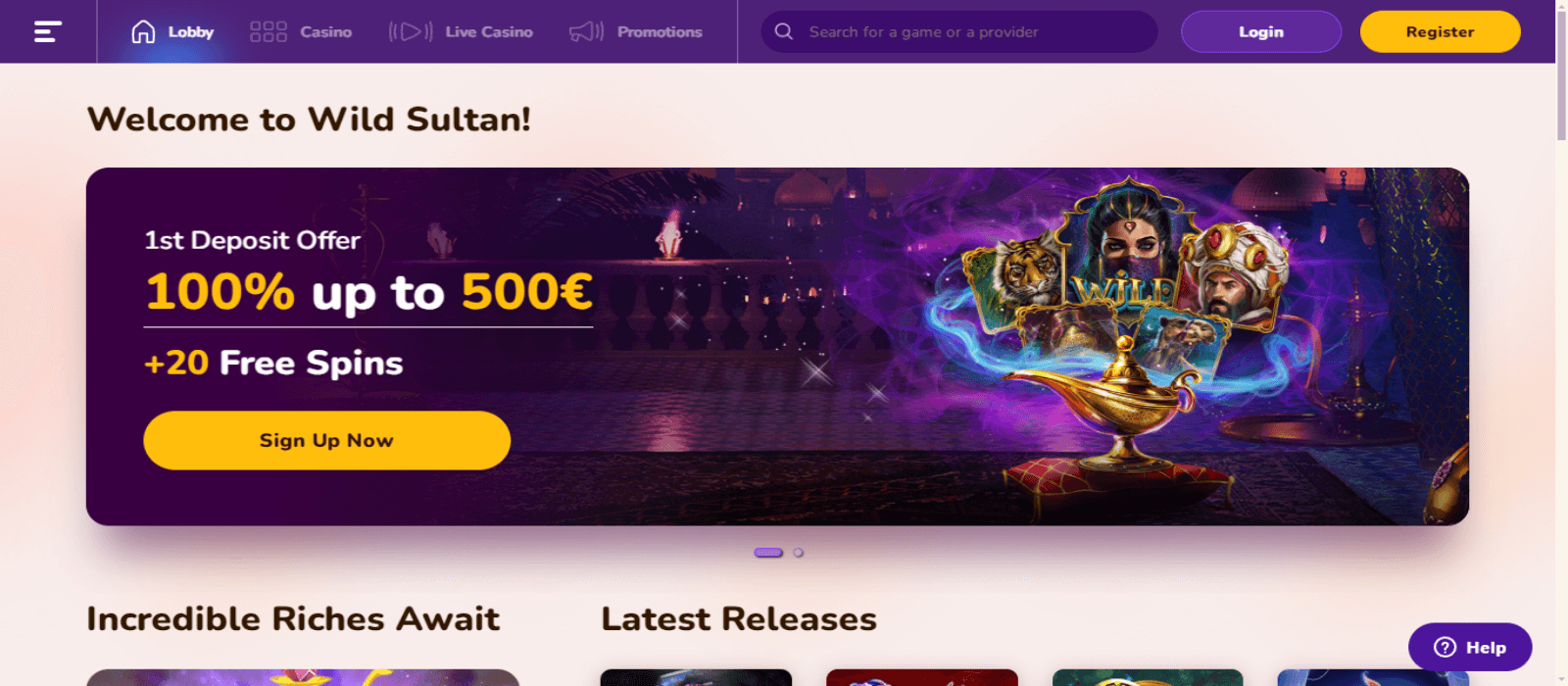 Wild Sultan casino page showing the colorful banner of welcome bonus offer. The navigation menus are seen above with login and register option