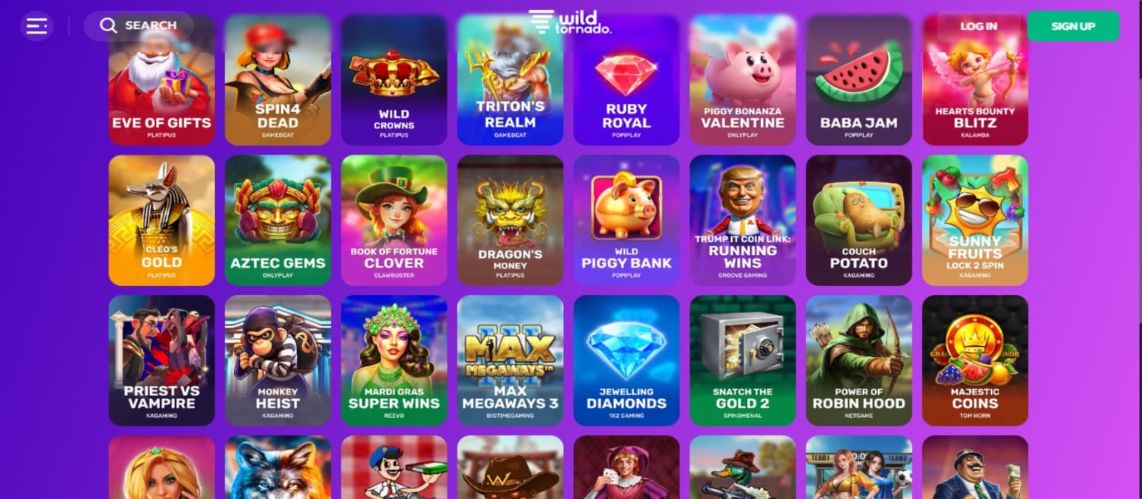 WildTornado Casino games page with the various colorful slot game icons and login option with a purple and blue hue background