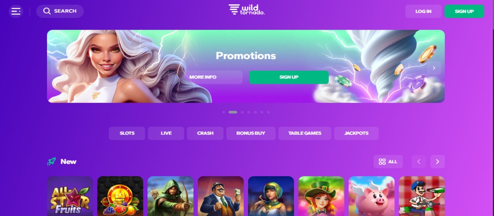 WildTornado Casino landing page with the promotions banner displaying animated woman and various game icons below with categories