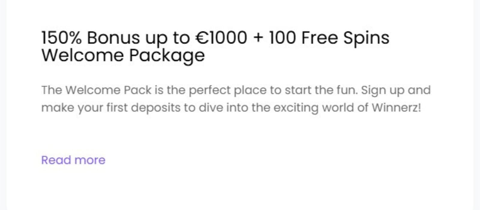 Winnerz Casino's promotions page, showing the welcome bonus offer worth up to €1,000 plus 100 free spins.