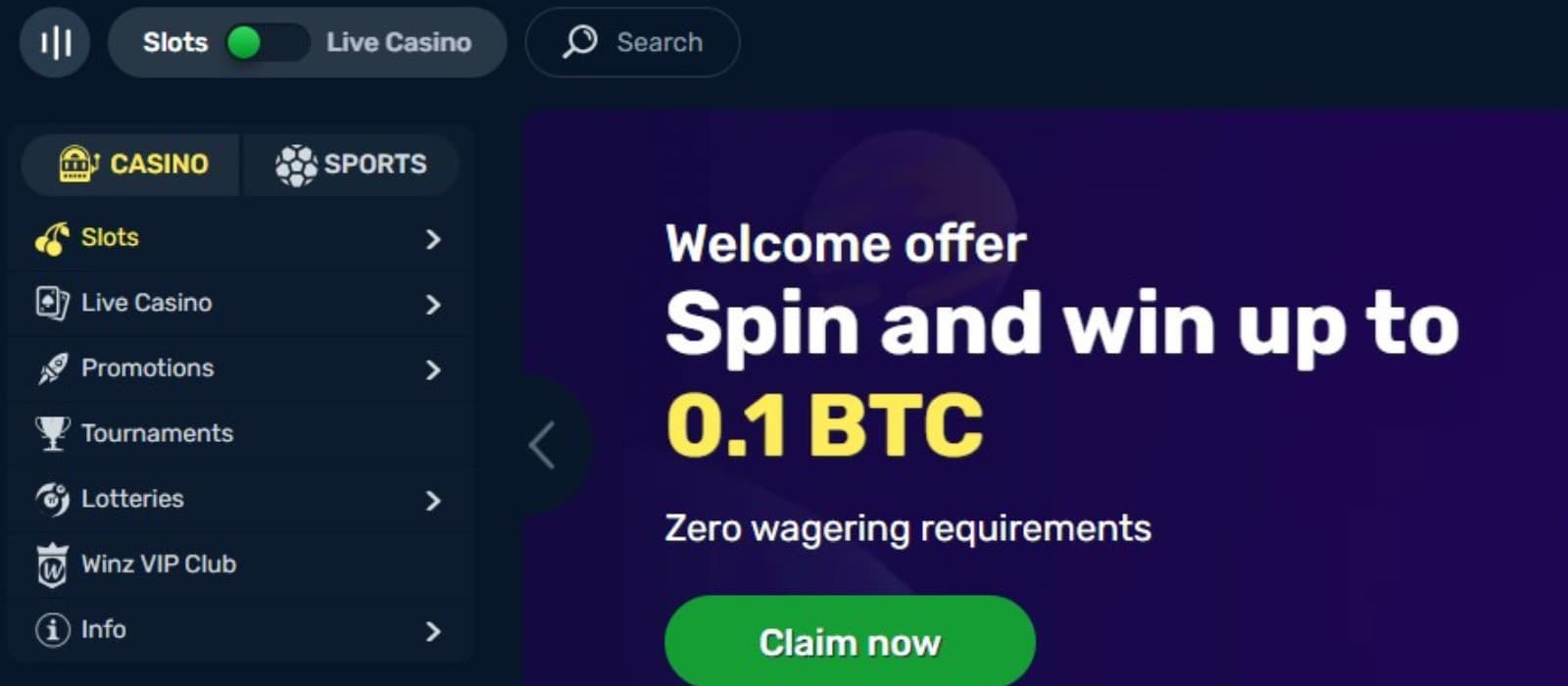 The landing page of Winz.io Casino shows the welcome offer of up to 0.1 BTC.