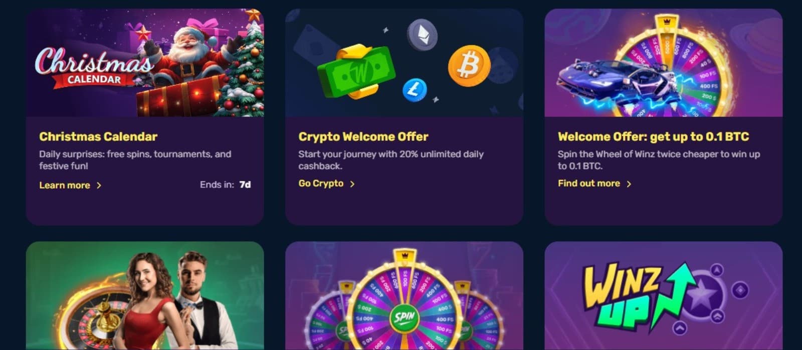 The promotions page of Winz.io Casino displays a selection of bonuses, such as Christmas offer, Crypto Welcome offer, and more.